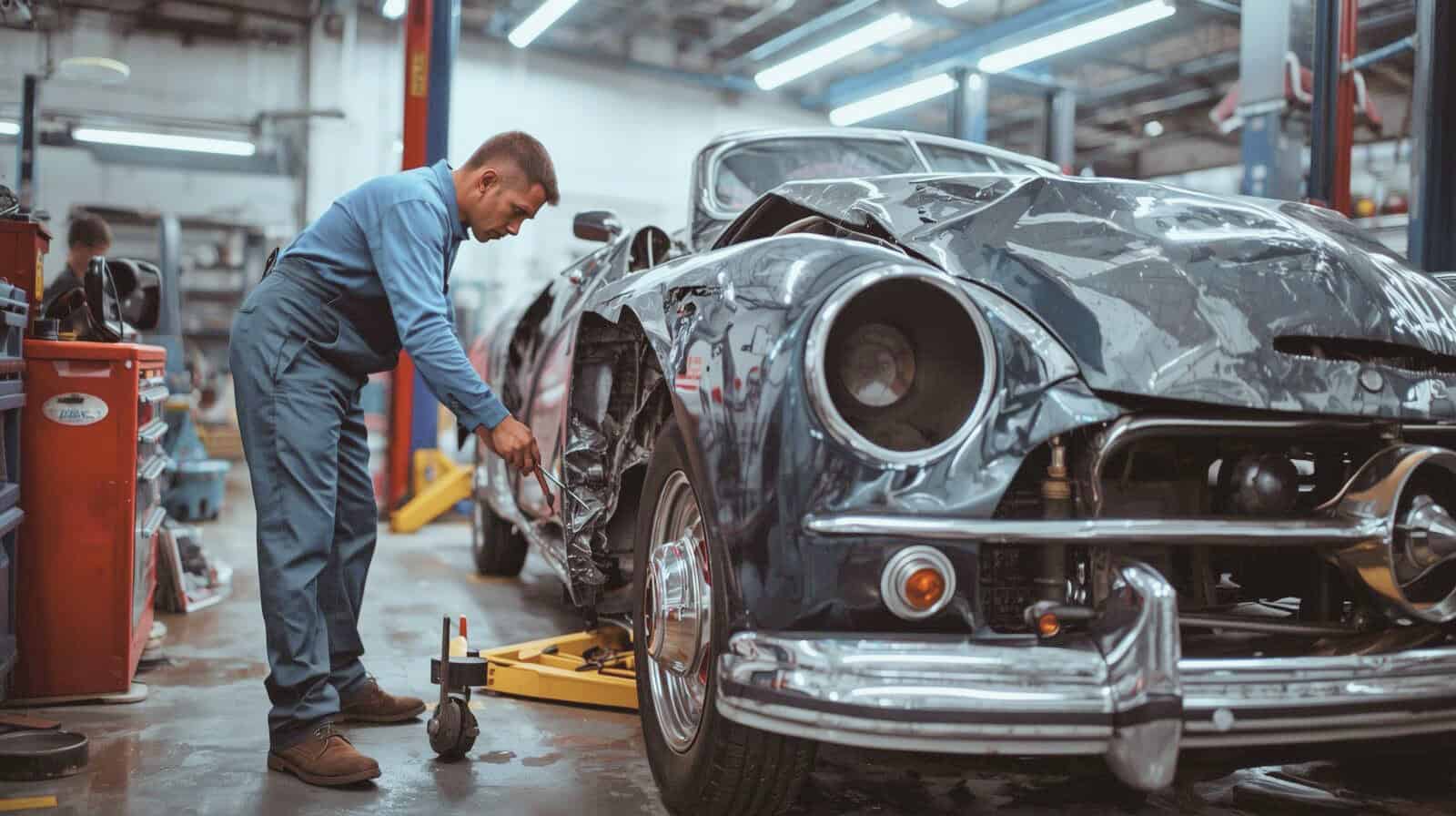 Mechaniker repariert beschädigtes Auto in der Werkstatt